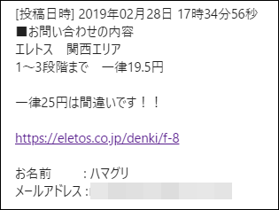 エレトスの電気契約プランの電気料金に関するメールの内容