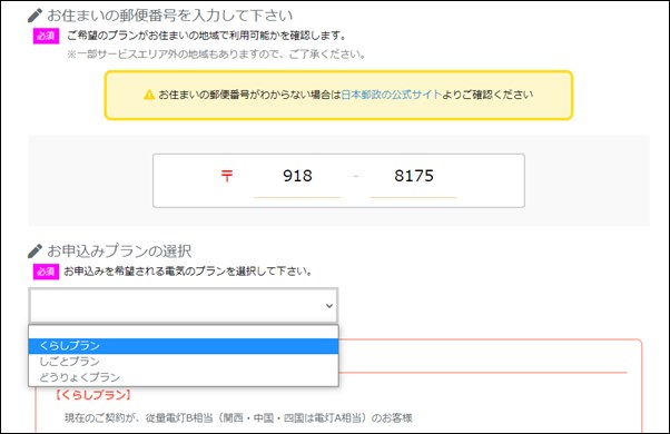 Japan電力の申し込み画面